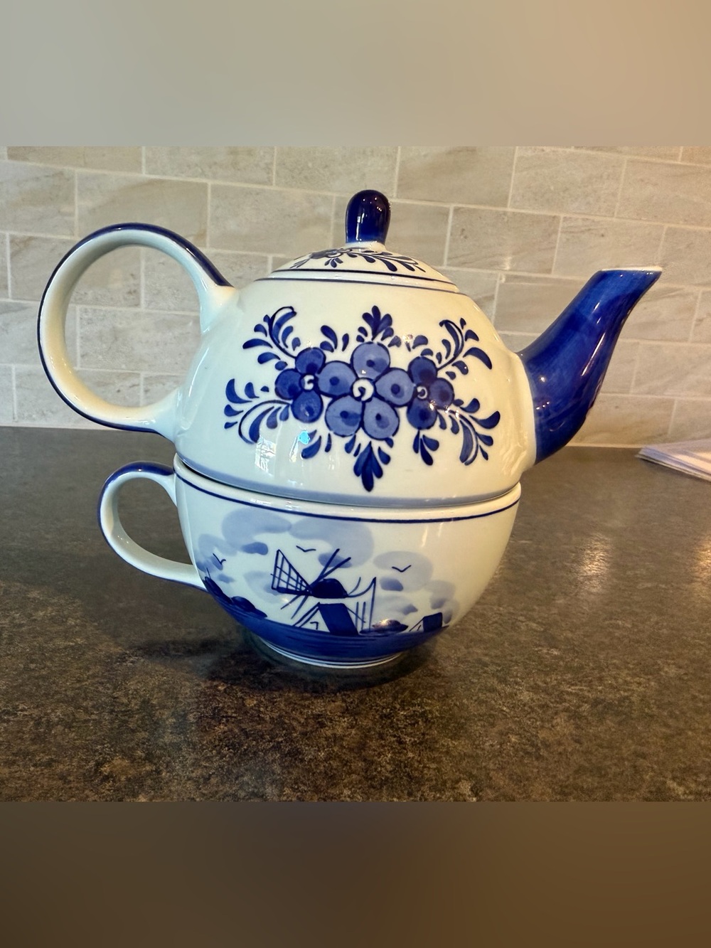 Blue and White Ceramic Teapot and Cup Set - Dutch made